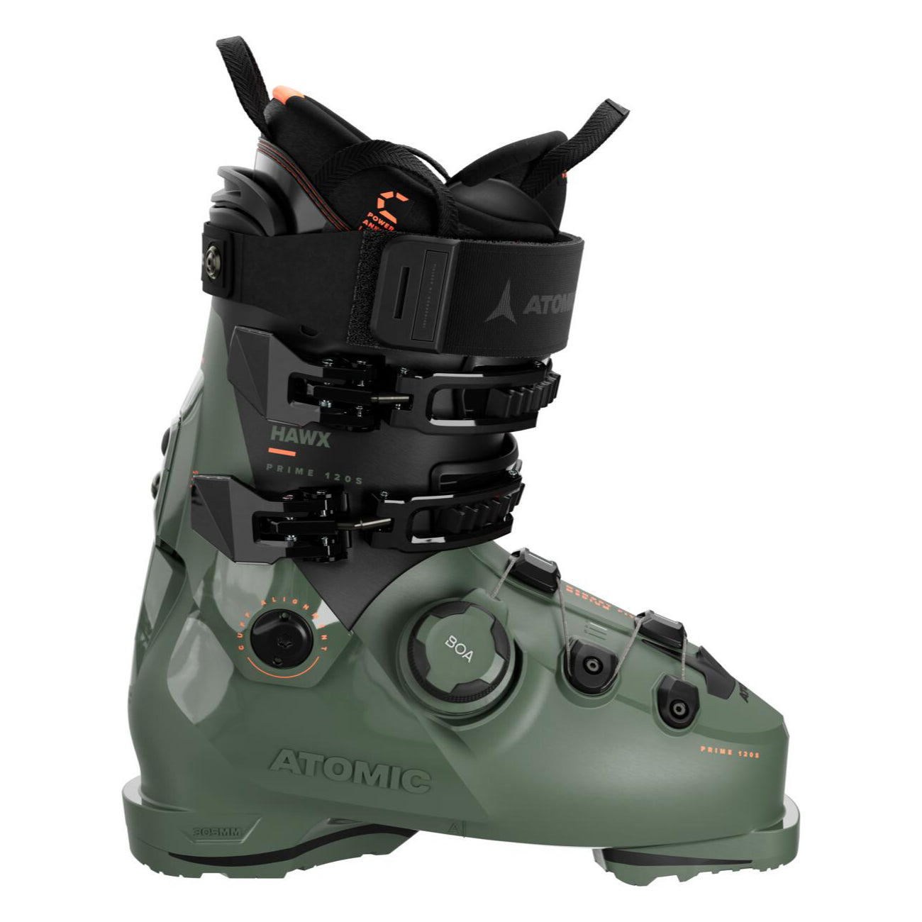 Atomic Hawx Prime 120 S Boa Boot - Black ski boot with a black strap and orange accents.