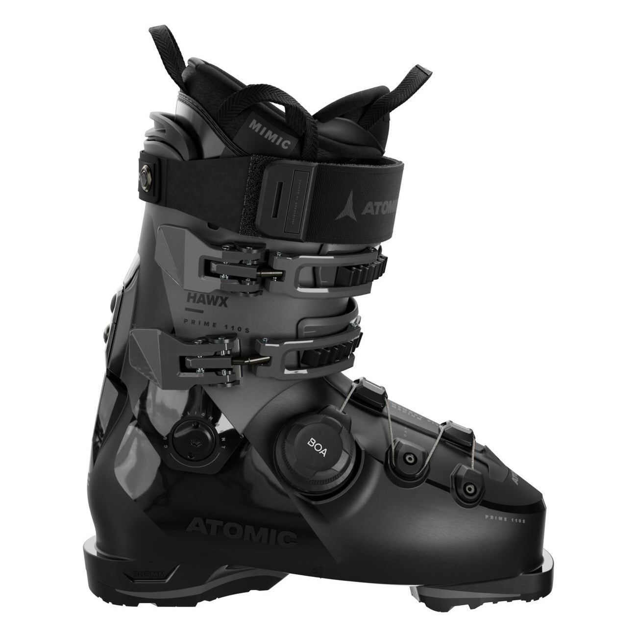 Atomic Hawx Prime 110 S Boa - Black ski boot with a sleek, modern design and a prominent BOA dial on the side.
