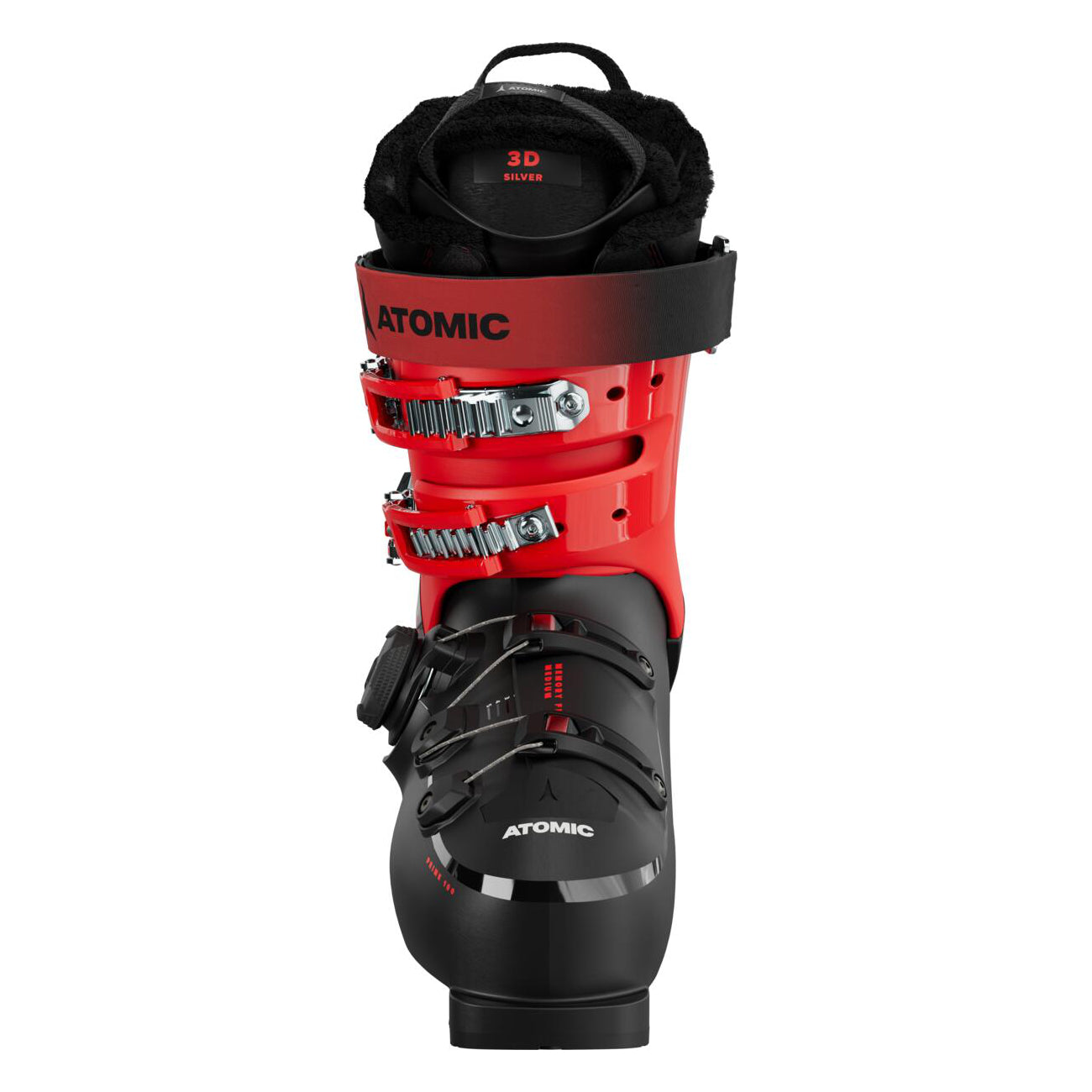Atomic Hawx Prime R110 Boa Ski Boot 2025 - Black ski boot with silver buckles and a red strap on top.