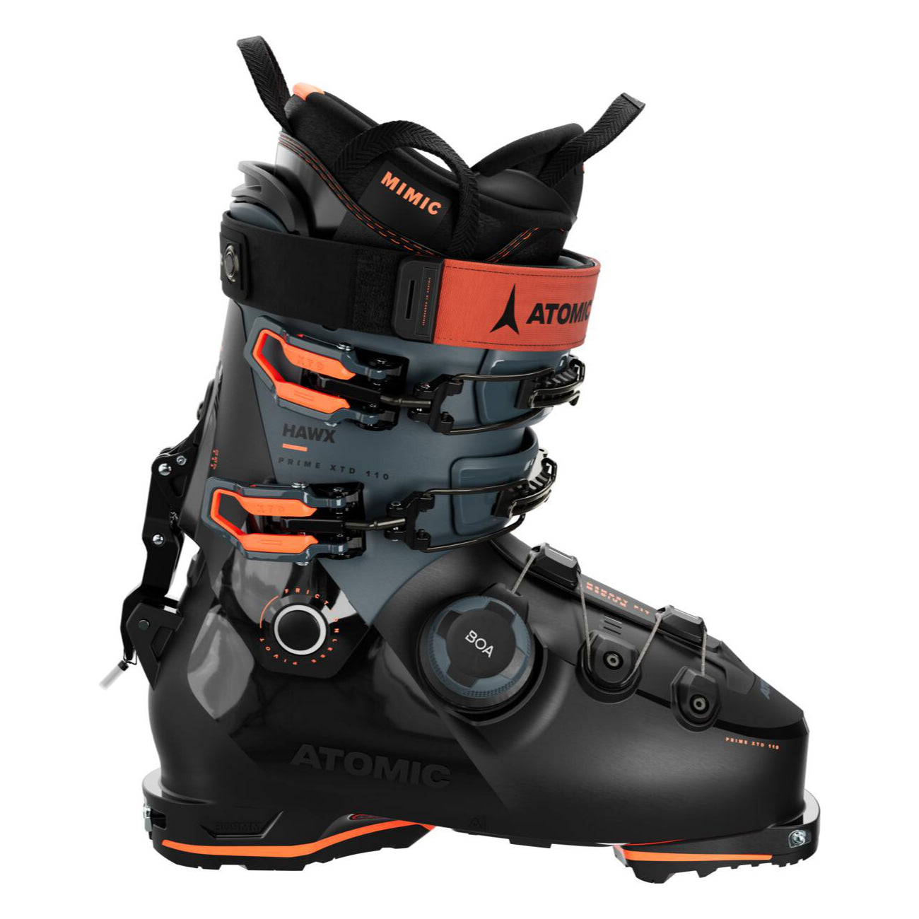 Atomic Hawx Prime XTD 110 Boa Ski Boot - Black ski boot with a black and orange strap, featuring a BOA closure system on the side.