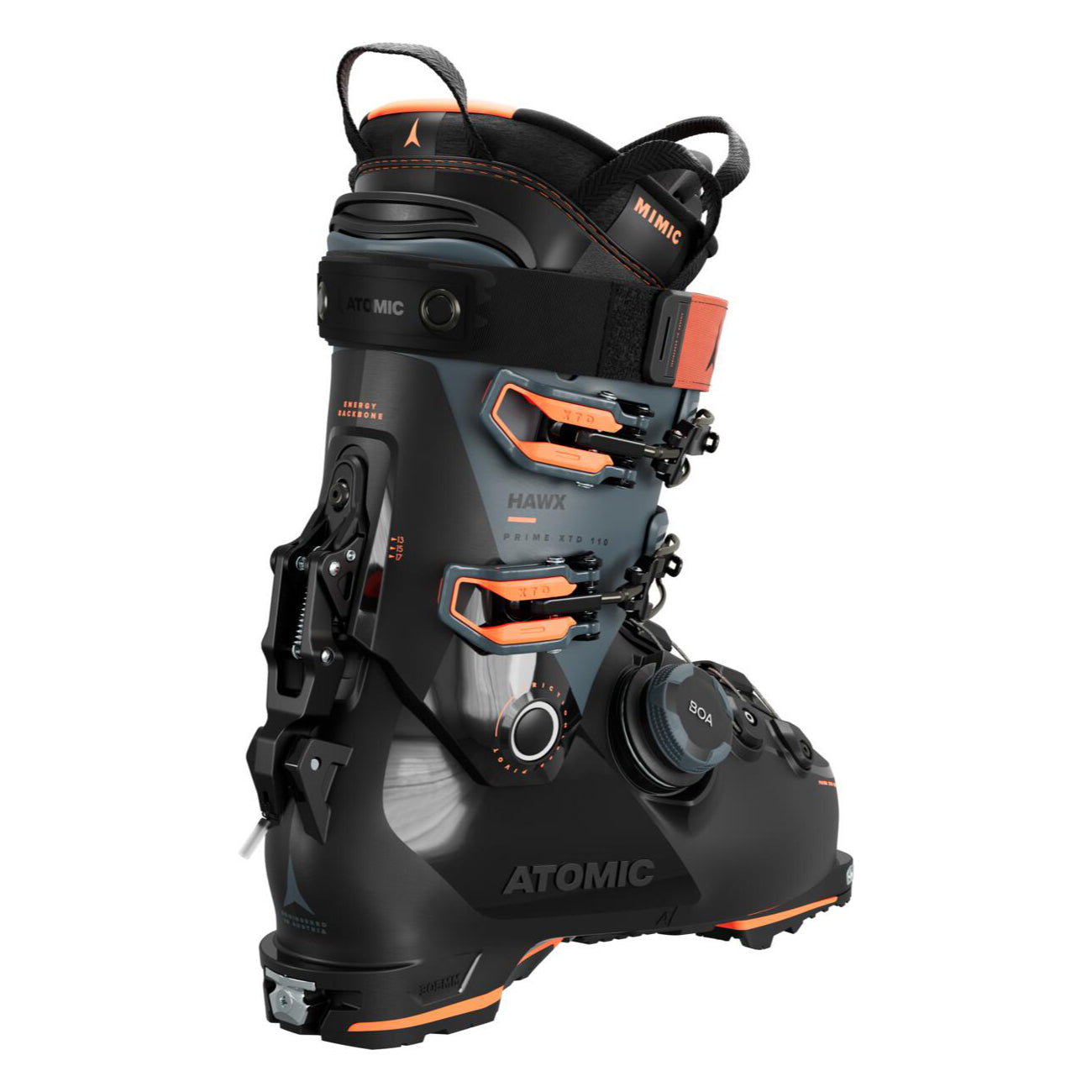 Atomic Hawx Prime XTD 110 Boa Ski Boot - Black ski boot with orange accents and a black strap on top.