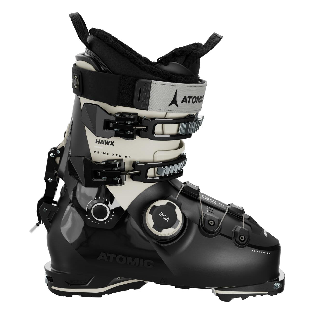 Atomic Women's Hawx Prime XTD 95 W BT Boa Ski Boot 2025 - Black ski boot with white accents and a BOA closure system on the side.