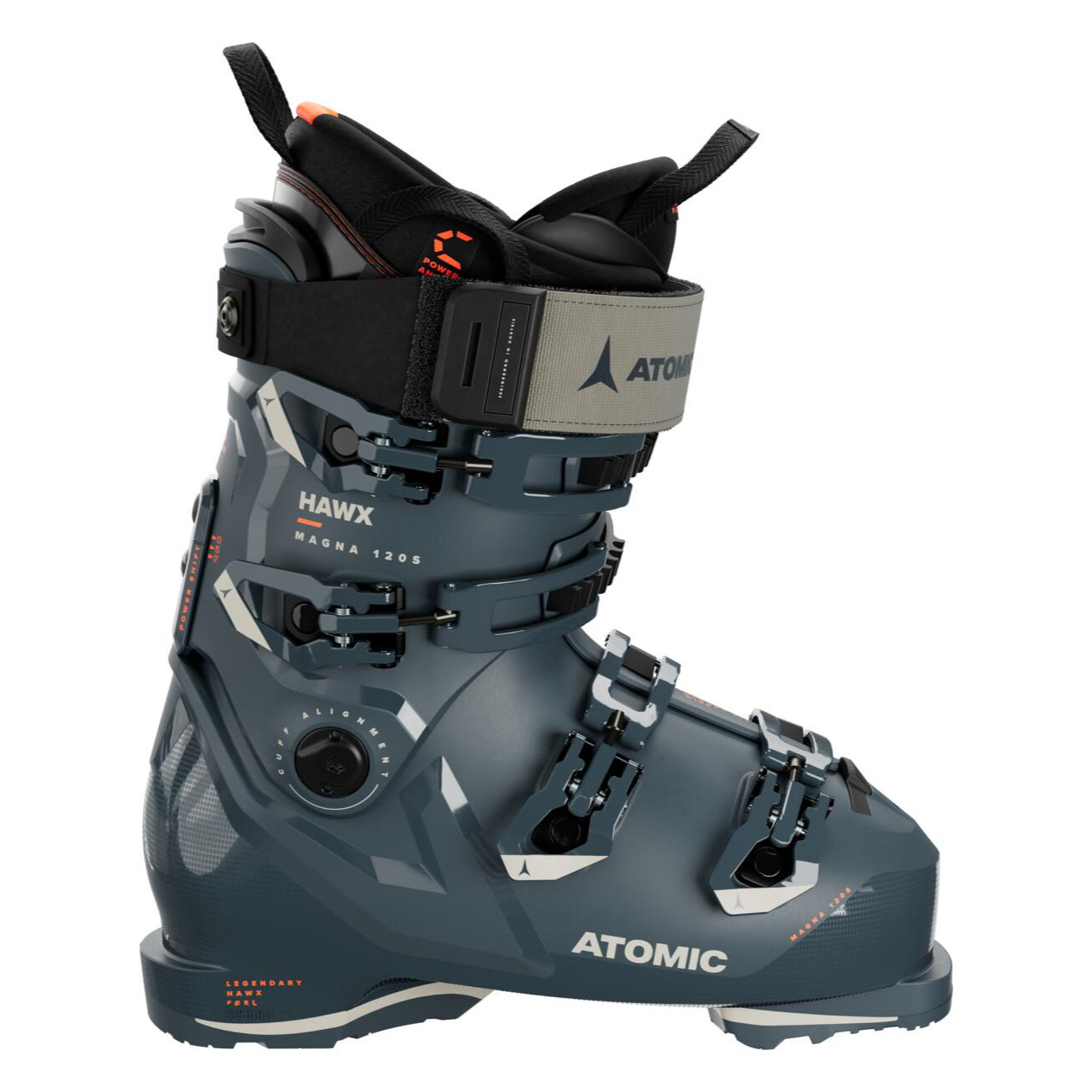 Atomic Hawx Magna 120 S 2025 Ski Boots - A dark gray ski boot with a black strap and orange accents, featuring a geometric pattern on the side.