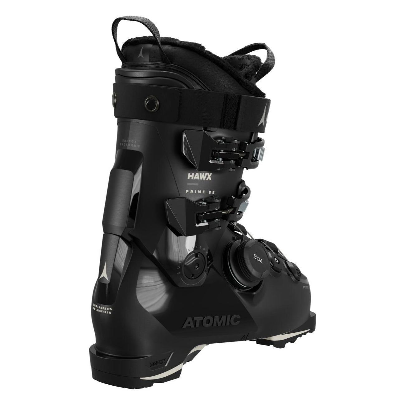 Atomic Women's Hawx Prime 85 Boa Boot - Black ski boot with a sleek, modern design and silver accents on the side.