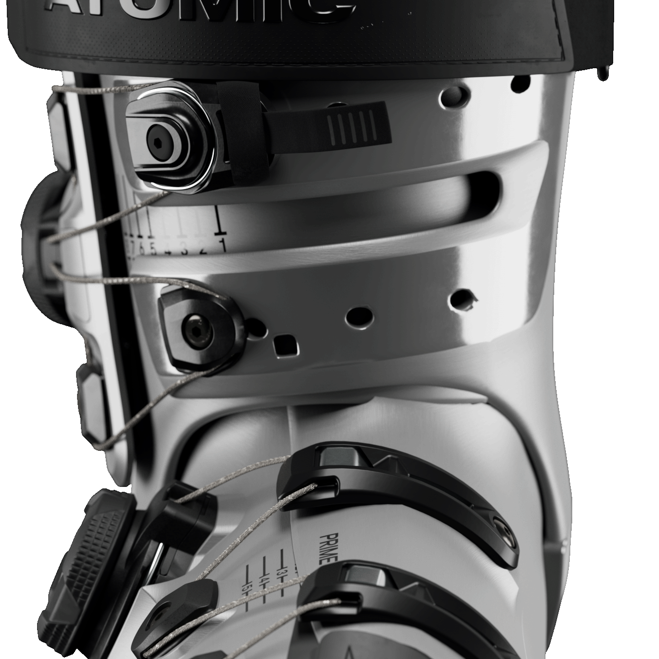 Silver/black ski boot top with Atomic logo strap and BOA dial