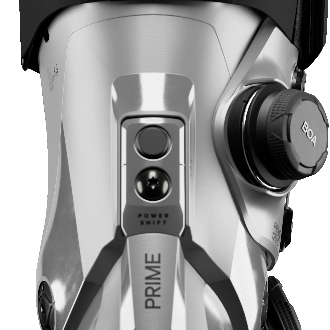 Silver ski boot front with BOA dial and black upper strap
