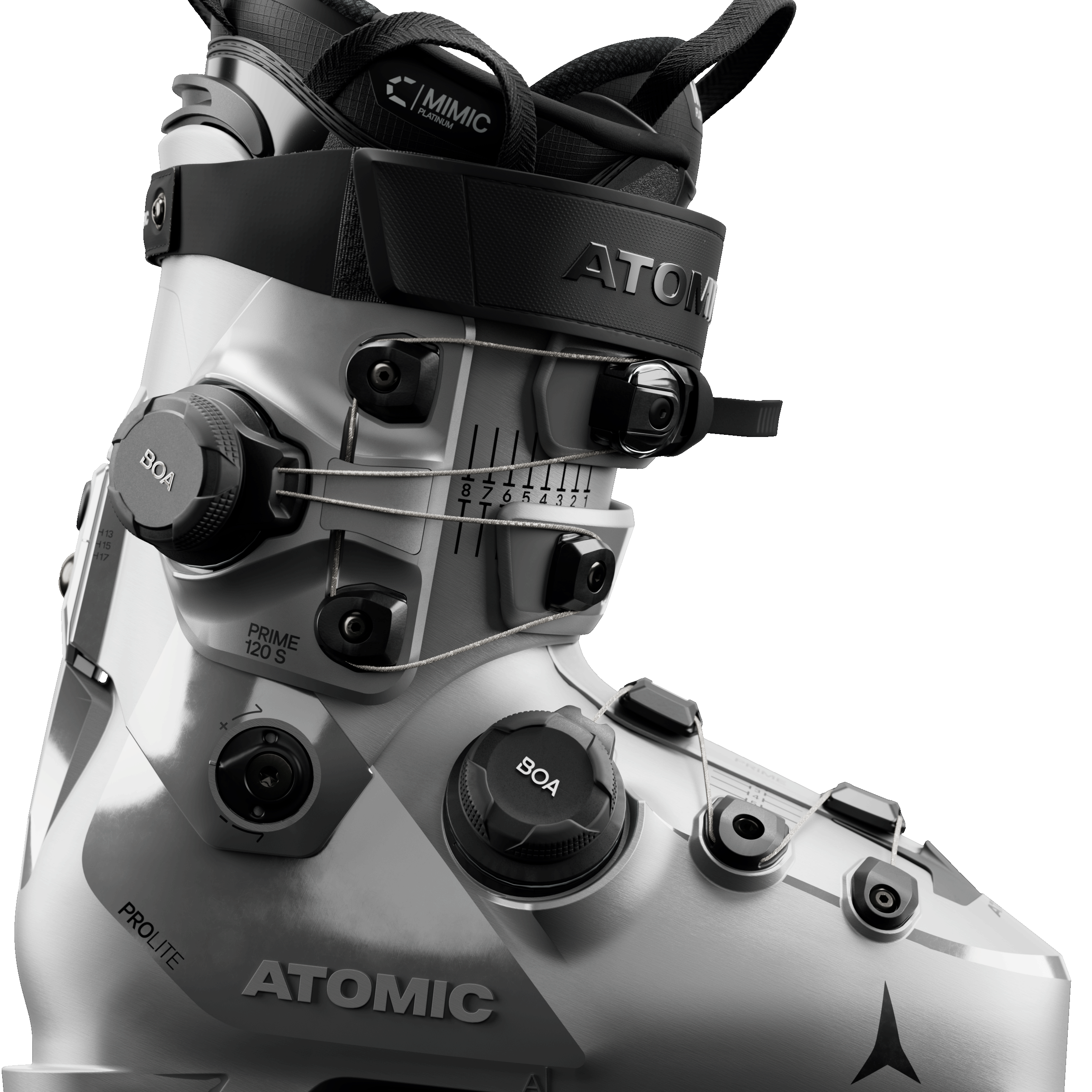 Silver/black ski boot with Dual BOA dials and MIMIC cuff strap