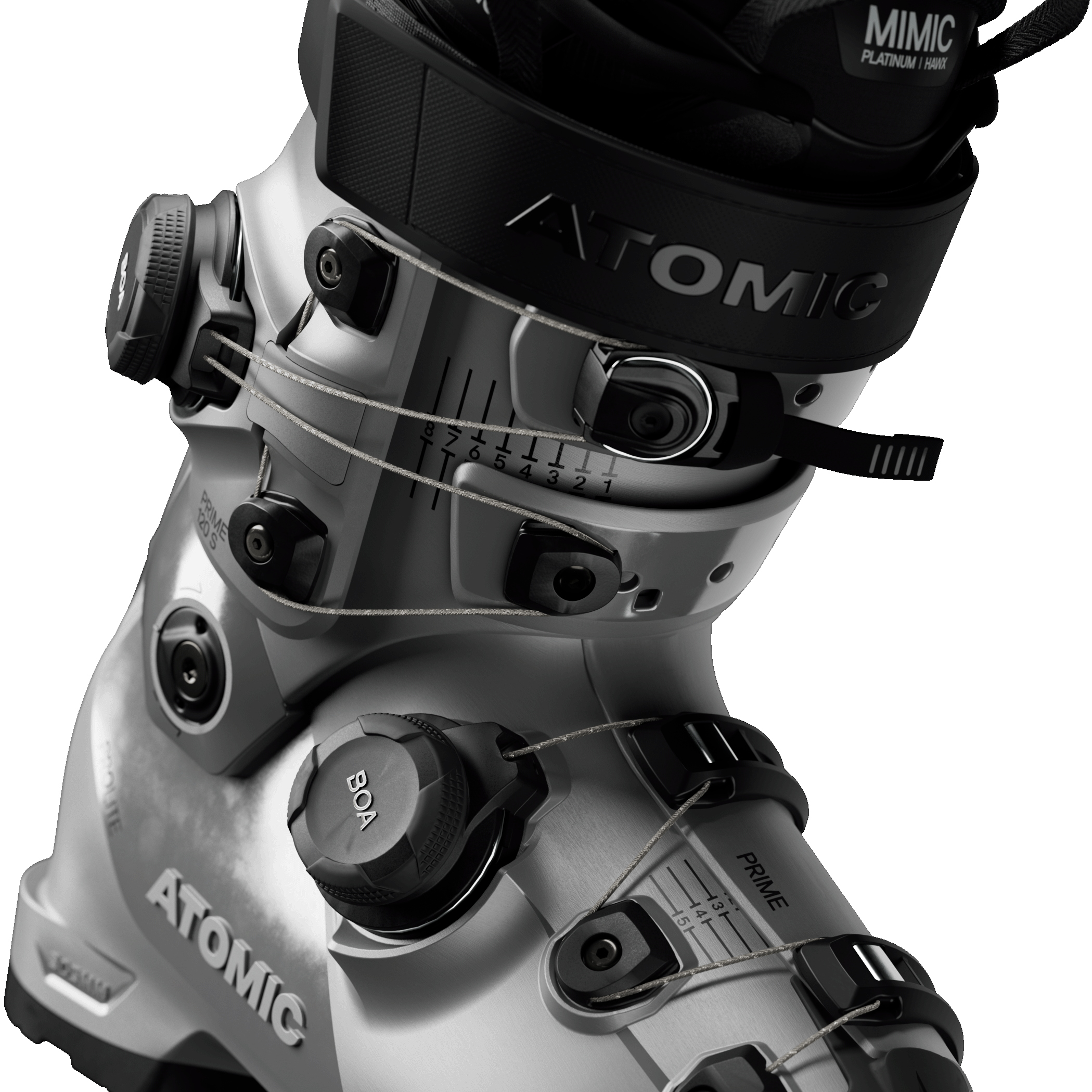Silver/black ski boot side view with MIMIC cuff and BOA dial