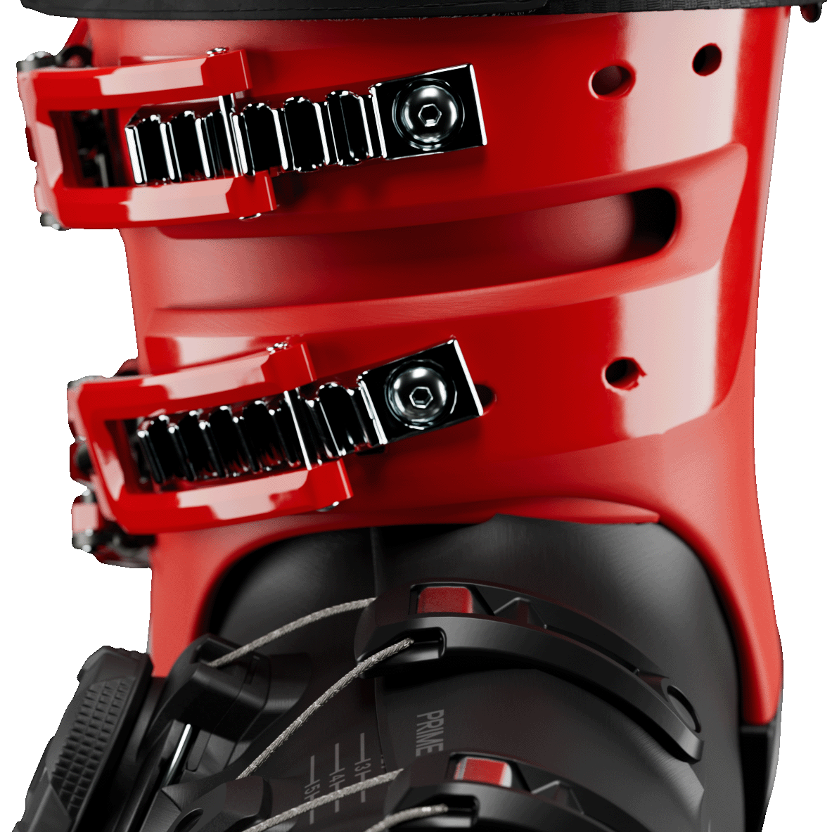 Atomic ski boot front view with BOA dial, black straps, and red shell