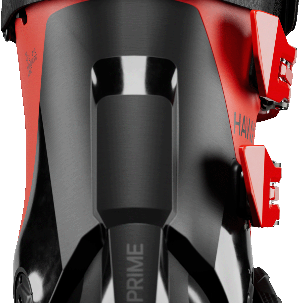 Atomic ski boot back view with padded collar and red trim accents