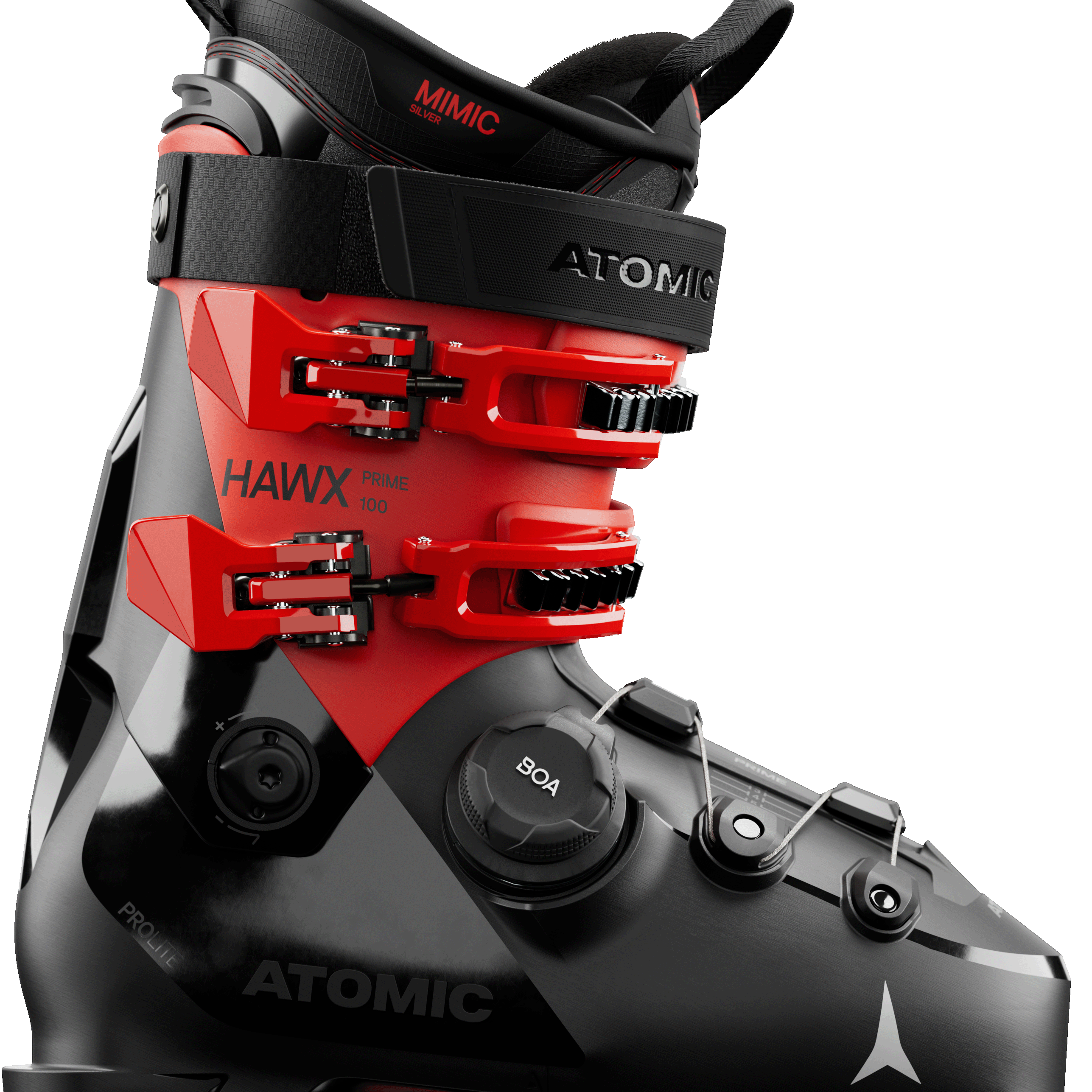 Atomic ski boot in black and red with BOA dial and two metal buckles