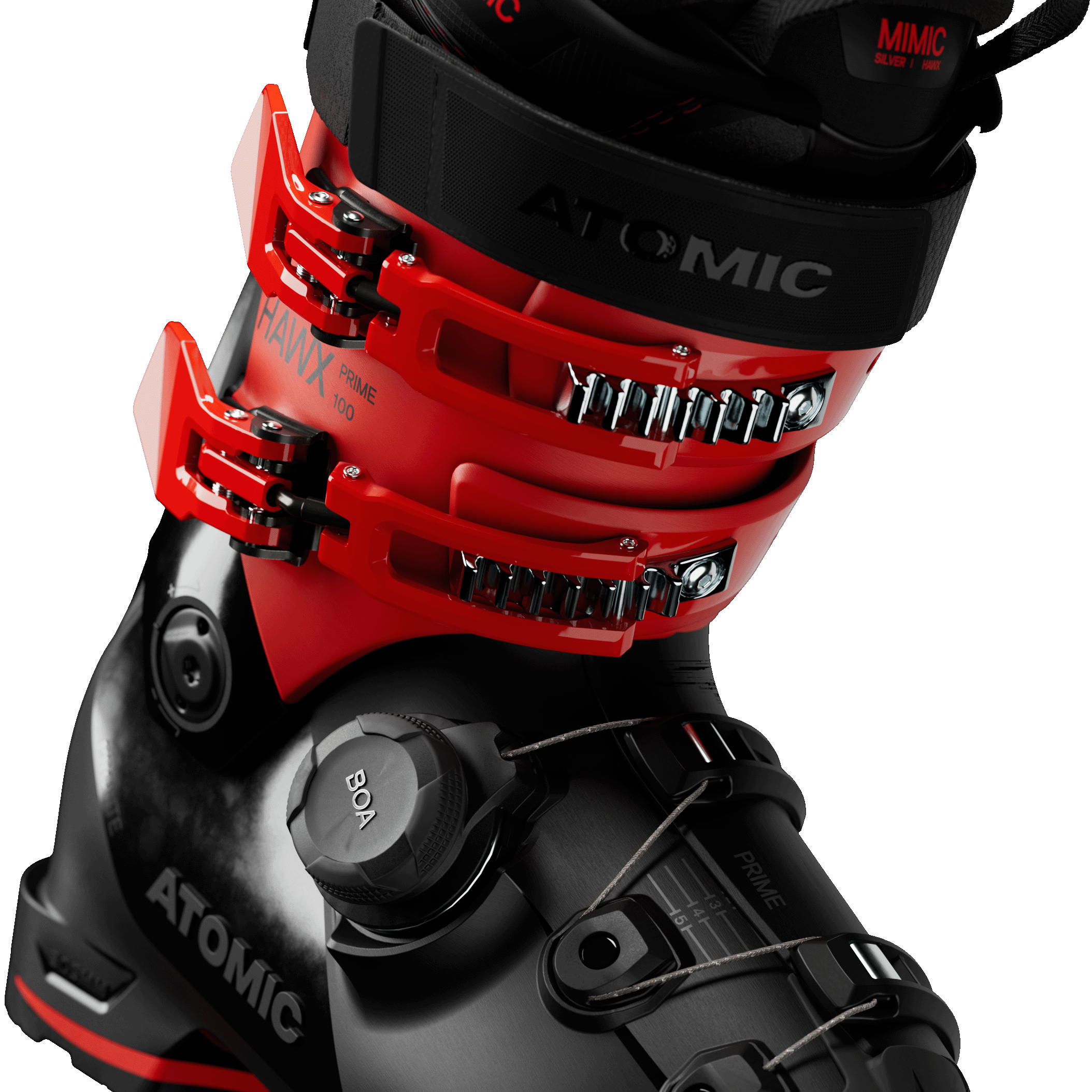 Atomic ski boot in black and red, side view with multiple adjustable buckles