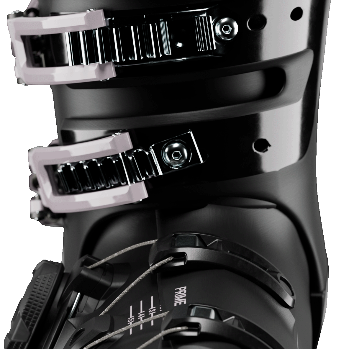 Black ski boot front with Mimic cuff label, buckles, and BOA dial