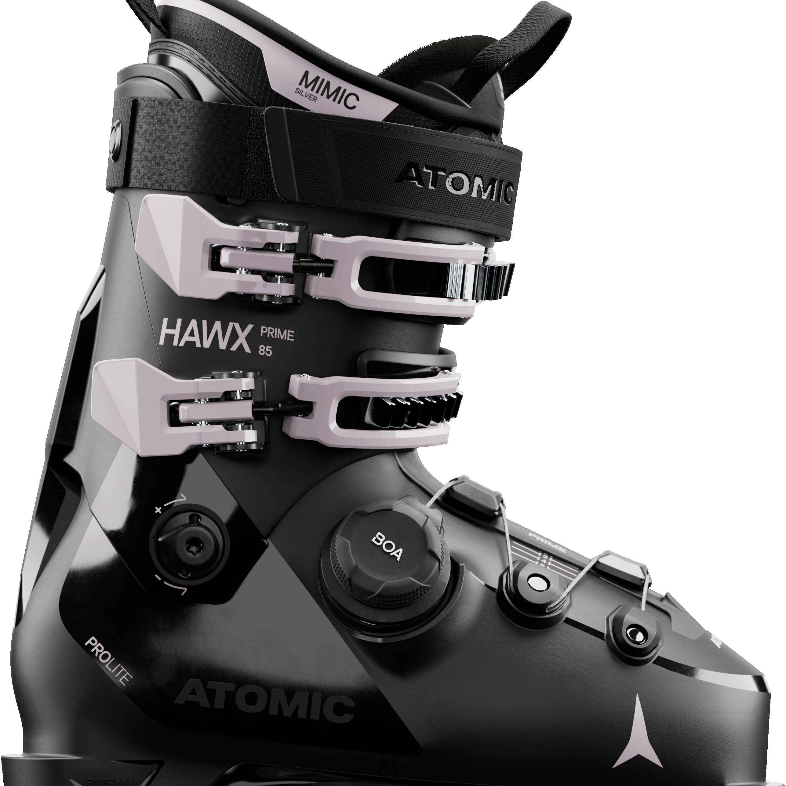 Black and gray ski boot with BOA dial and dual front buckles