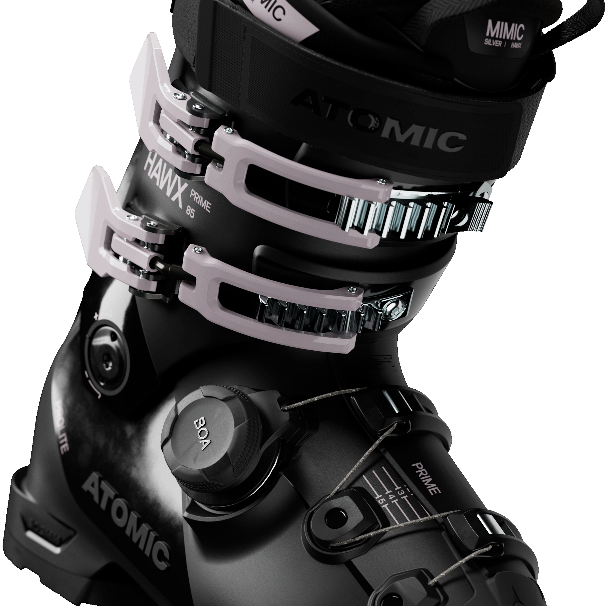 Black ski boot with BOA dial, front buckles, and Atomic star logo