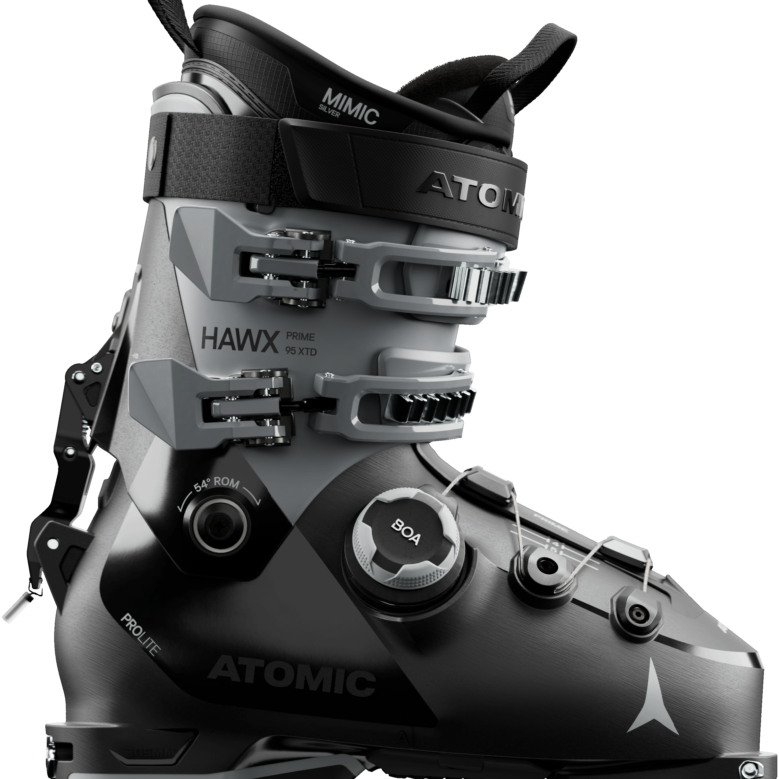 Women's ski boot with BOA dial closures and gray-black shell.