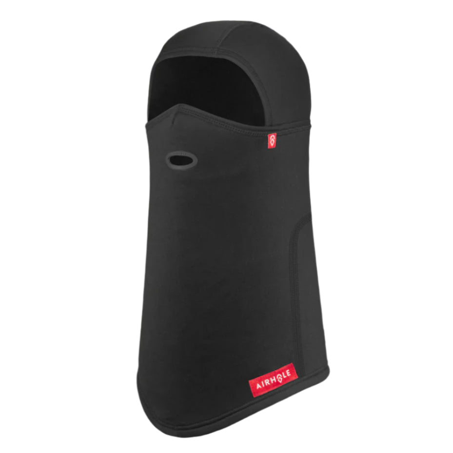 Airhole Hinge Polar Balaclava - A black balaclava with a red logo on the right side and an oval-shaped hole for the mouth.