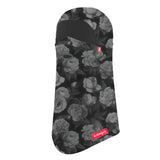 Airhole Hinge Polar Balaclava - A black balaclava with a repeating pattern of white roses and leaves, featuring a red logo on the left side.