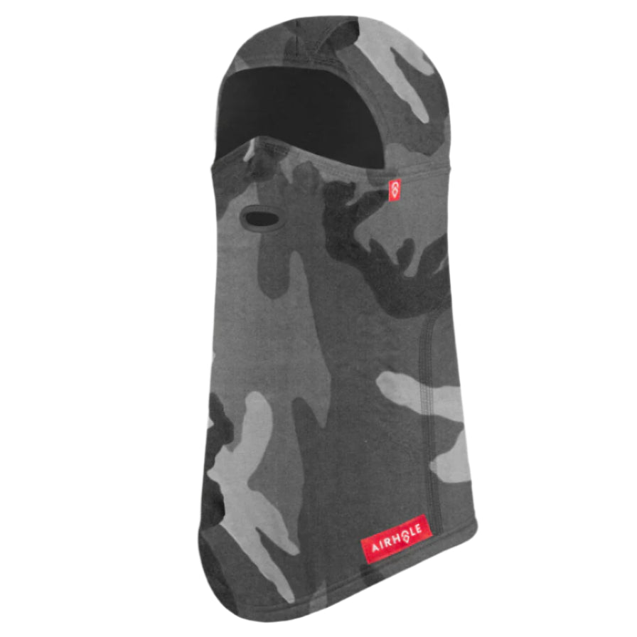 Airhole Hinge Polar Balaclava - A black balaclava with a camouflage pattern and red logo on the bottom right corner.