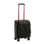 Black cabin trolley bag with telescopic handle and four spinner wheels