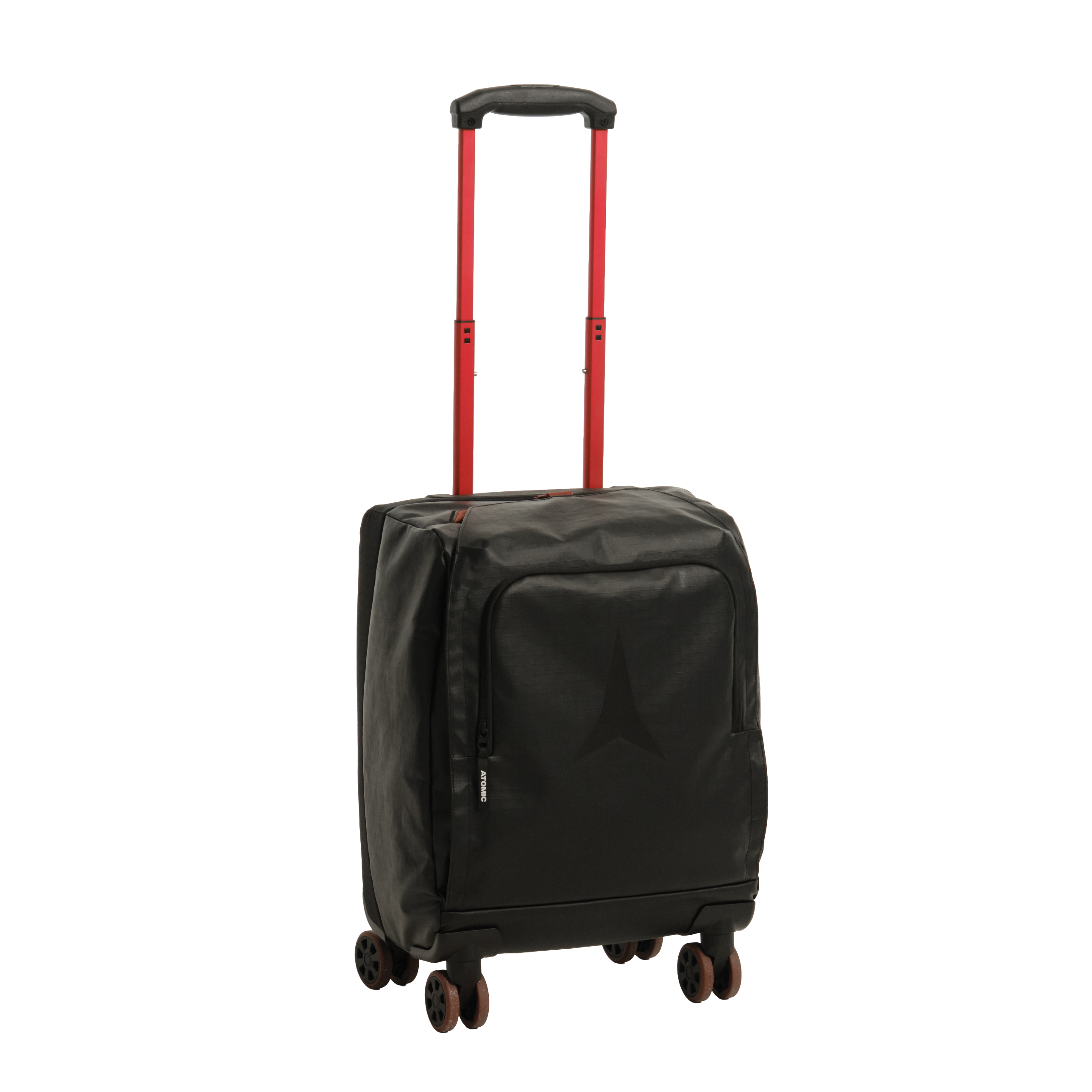 Black cabin trolley bag with telescopic handle and four spinner wheels