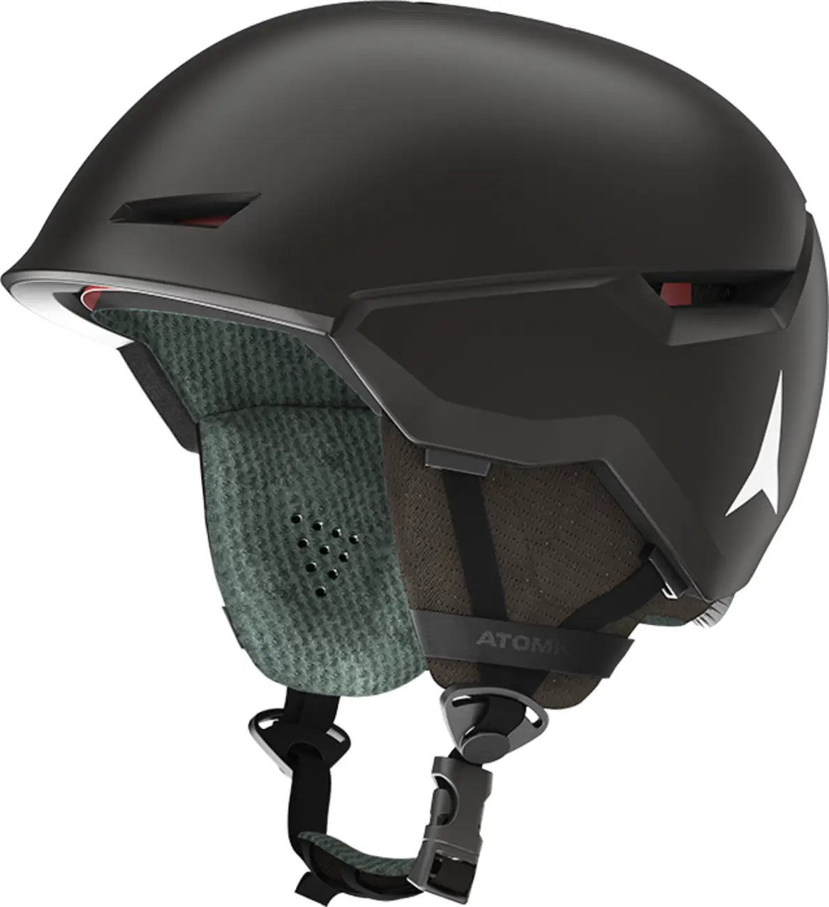 Atomic Unisex Revent+ Helmet 2025 - Matte black helmet with a white logo on the side and red accents on the chin strap.