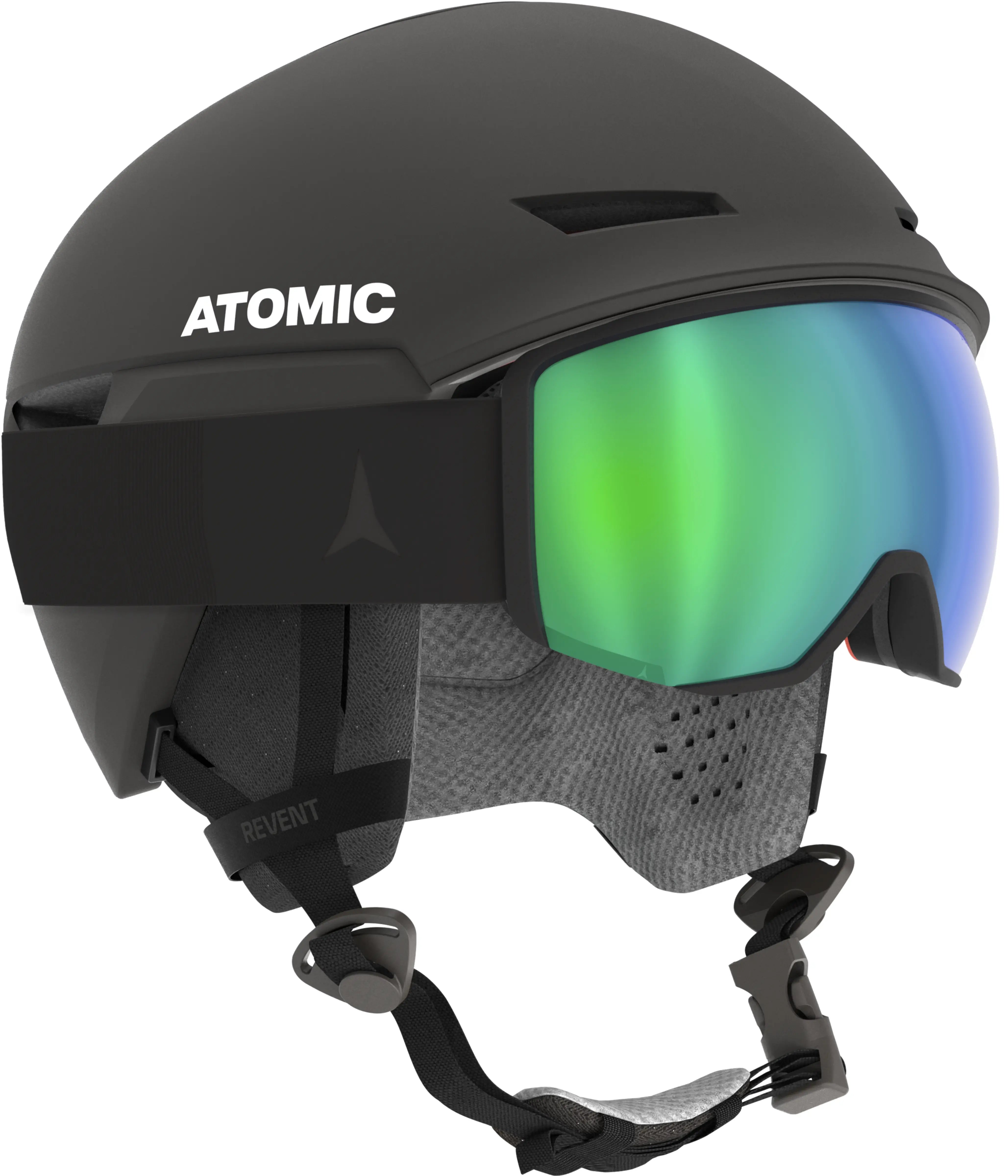 Atomic Revent Helmet 2025 - Matte black helmet with a sleek, aerodynamic design and a prominent "ATOMIC" logo on the front.