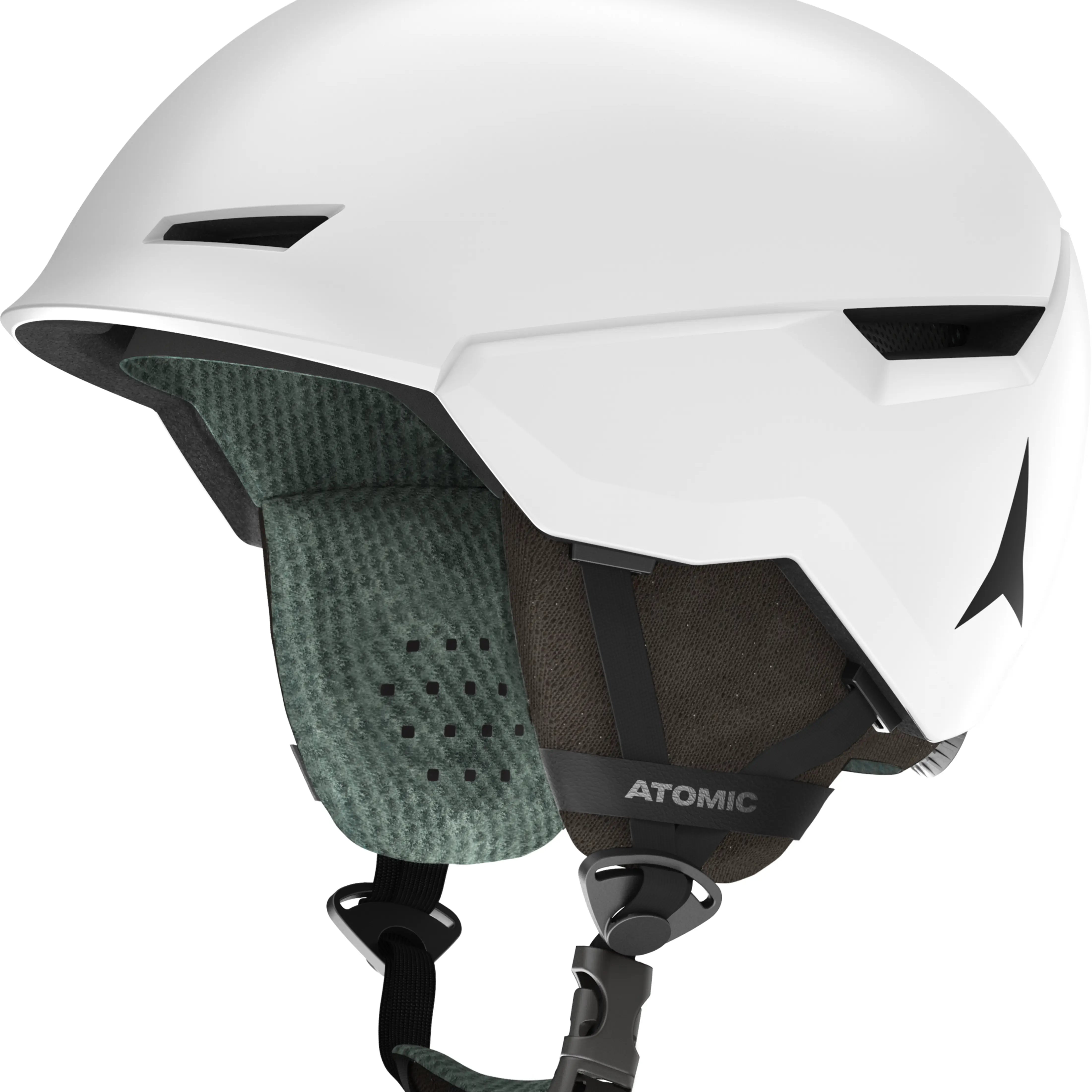 Atomic Revent Helmet 2025 - White helmet with black chin strap and ventilation holes on top.