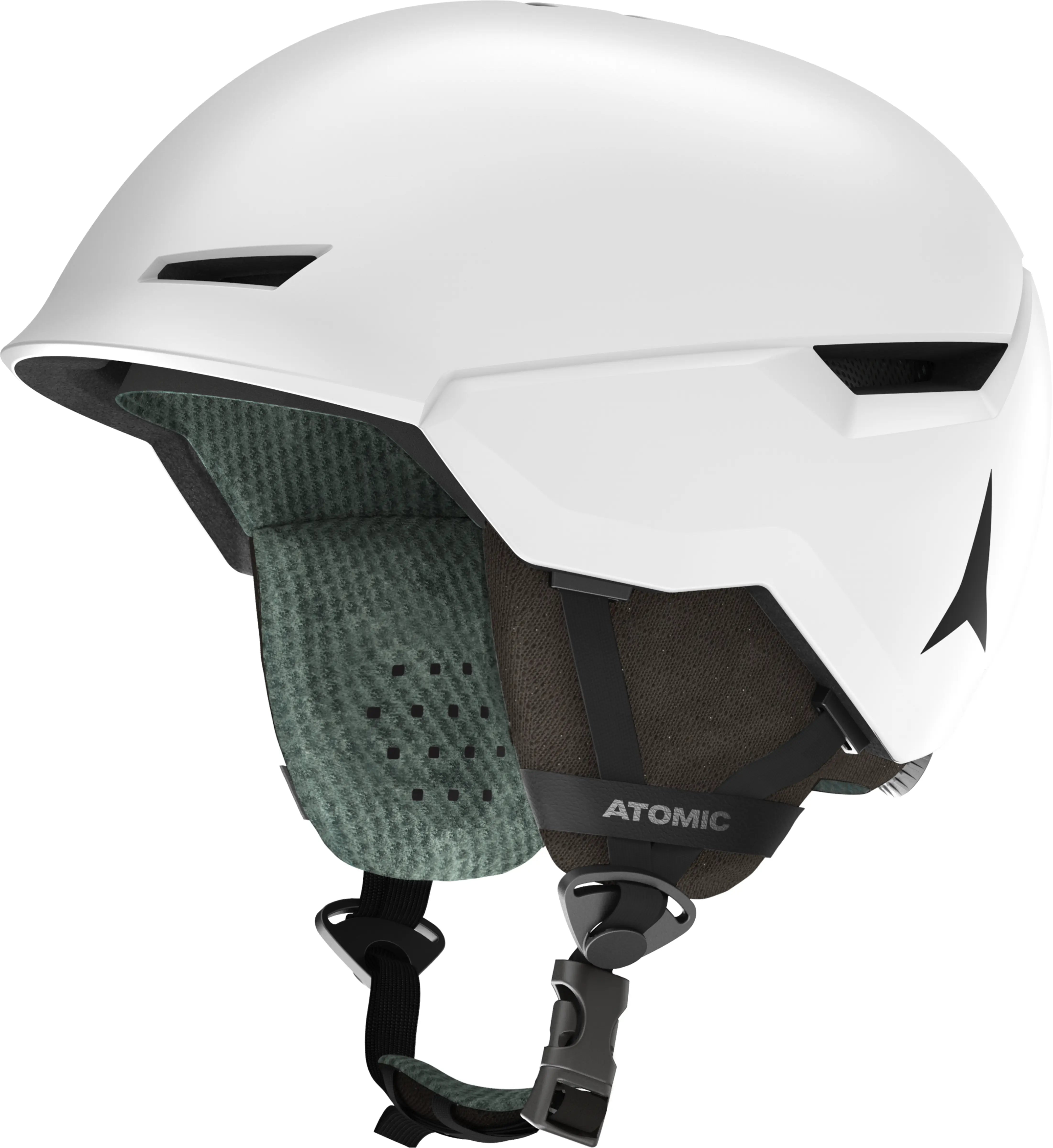 Atomic Revent Helmet 2025 - White helmet with black chin strap and ventilation holes on top.