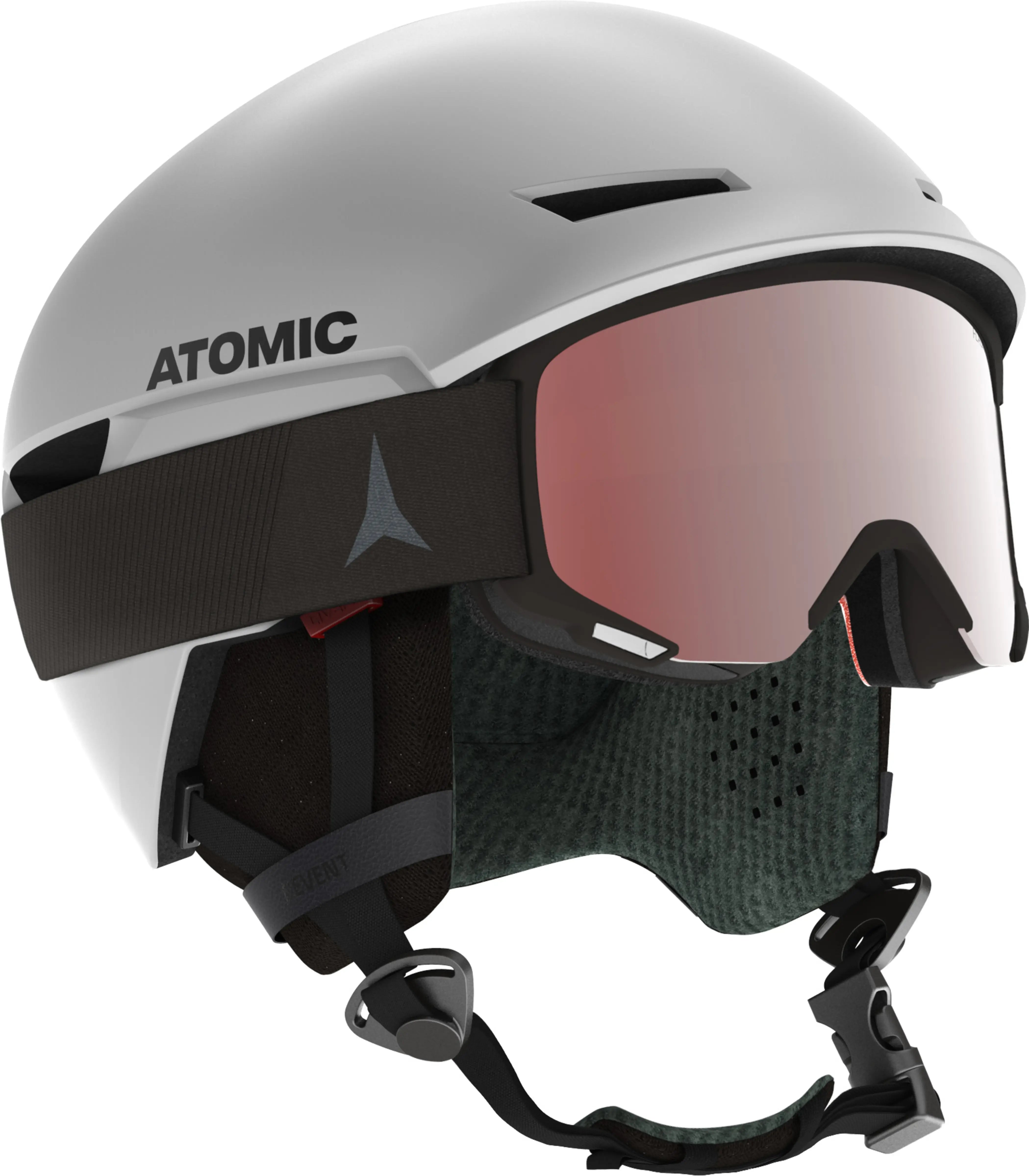 Atomic Revent Helmet 2025 - White helmet with black chin strap and gray logo on side.