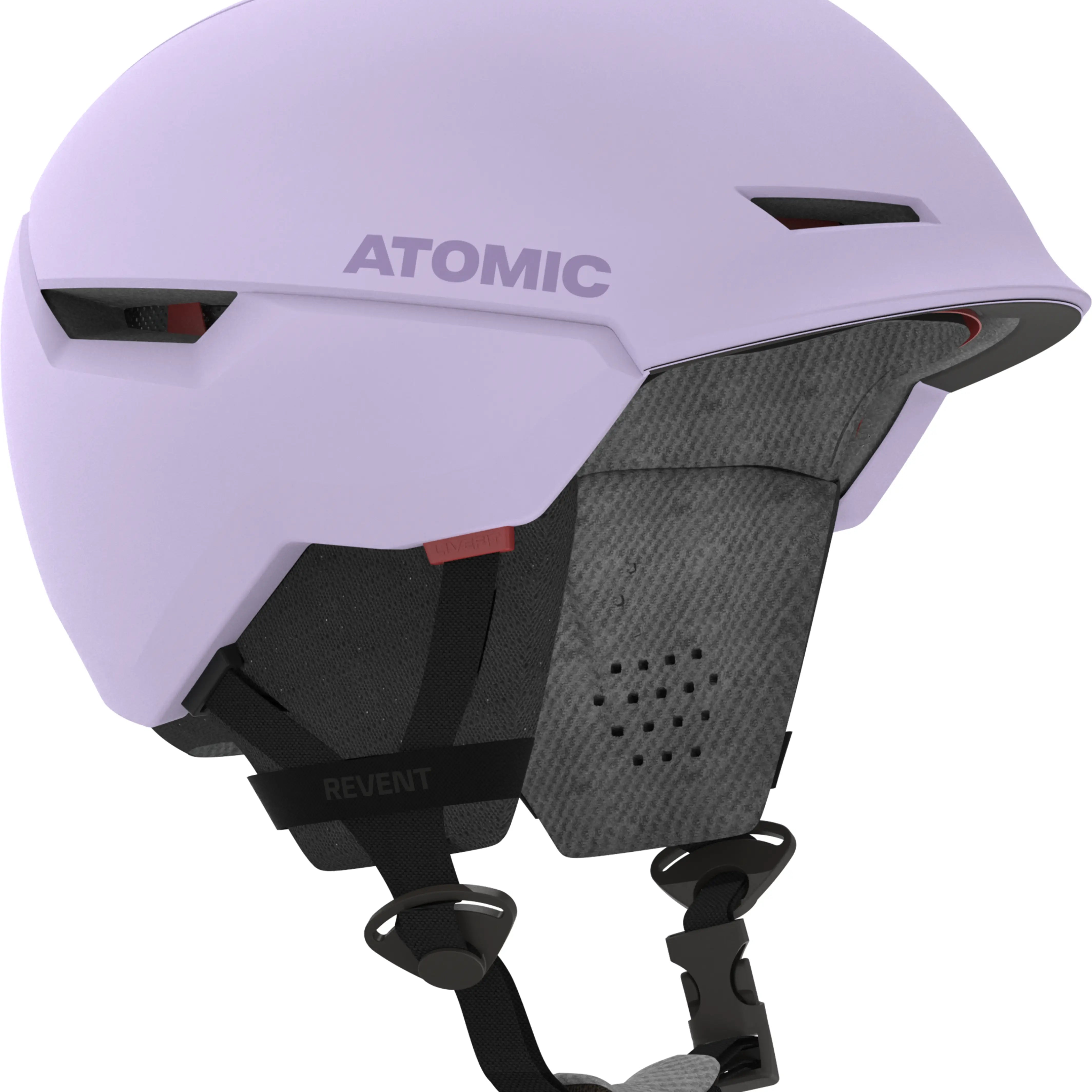 Atomic Revent Helmet - A white helmet with a black chin strap, featuring a red logo on the side and a small vent at the top.