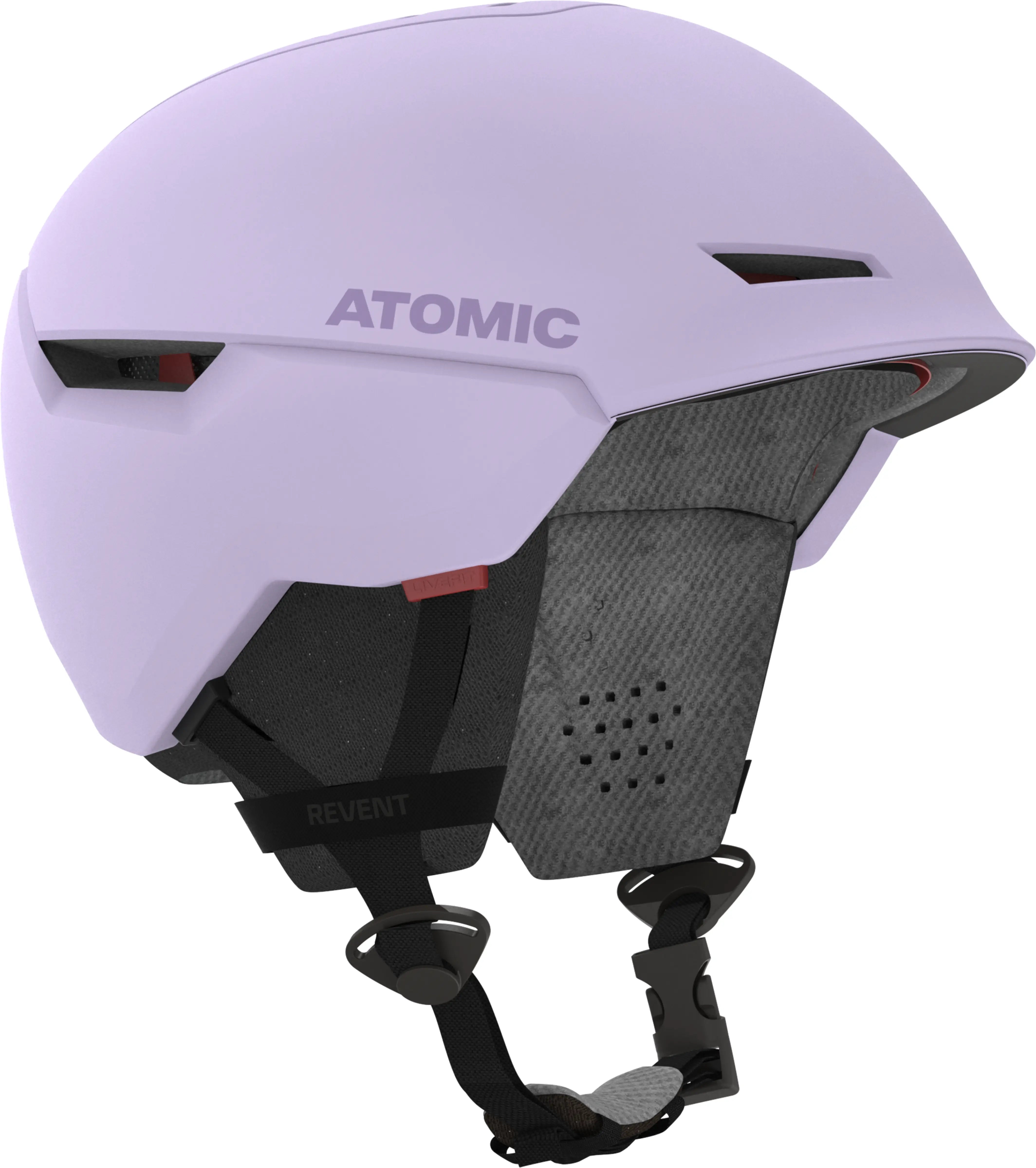 Atomic Revent Helmet - A white helmet with a black chin strap, featuring a red logo on the side and a small vent at the top.