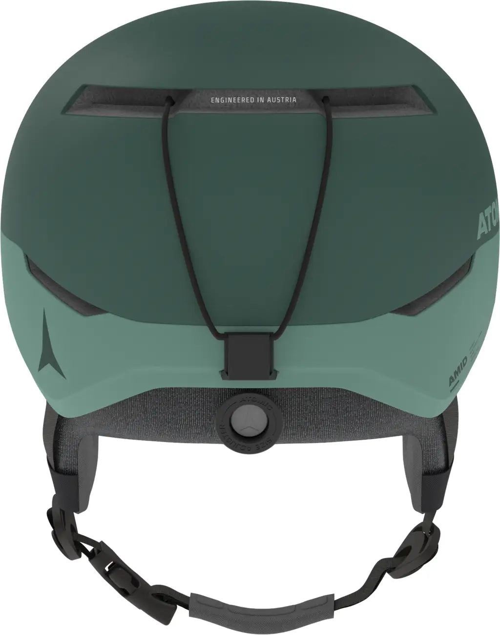 Atomic Four Amid Helmet 2025 - A dark green helmet with a matte finish, featuring a black chin strap and a small logo on the side.