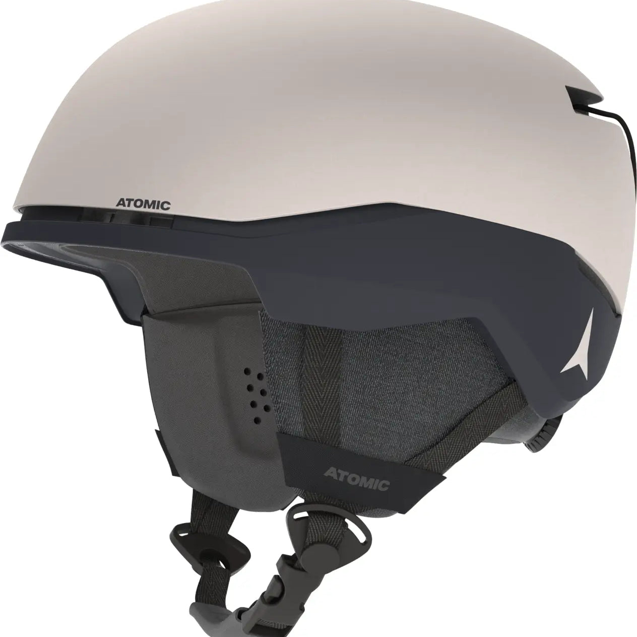 Atomic Four Amid Helmet 2025 - A white helmet with a black visor and chin strap, featuring an Atomic logo on the side.
