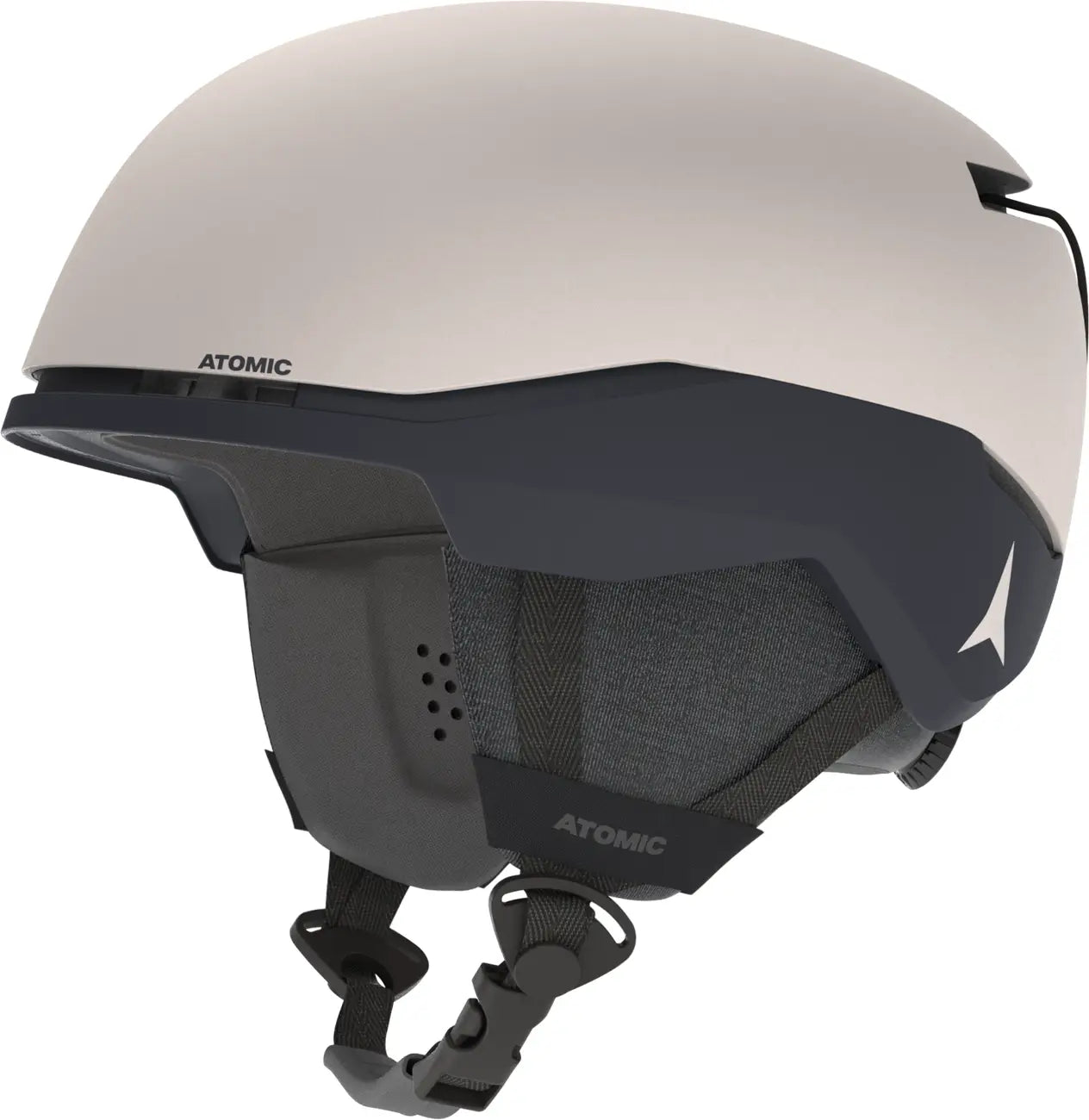 Atomic Four Amid Helmet 2025 - A white helmet with a black visor and chin strap, featuring an Atomic logo on the side.