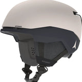 Atomic Four Amid Helmet 2025 - A white helmet with a black visor and chin strap, featuring an Atomic logo on the side.