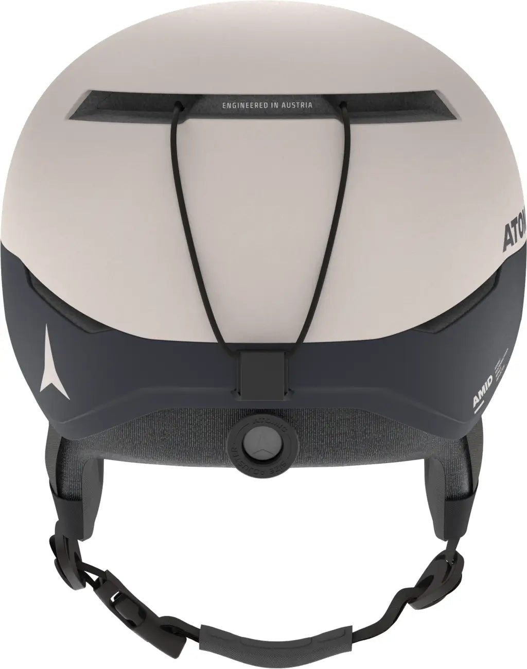 Atomic Four Amid Helmet 2025 - A white helmet with a black chin strap and a small, round logo on the side.