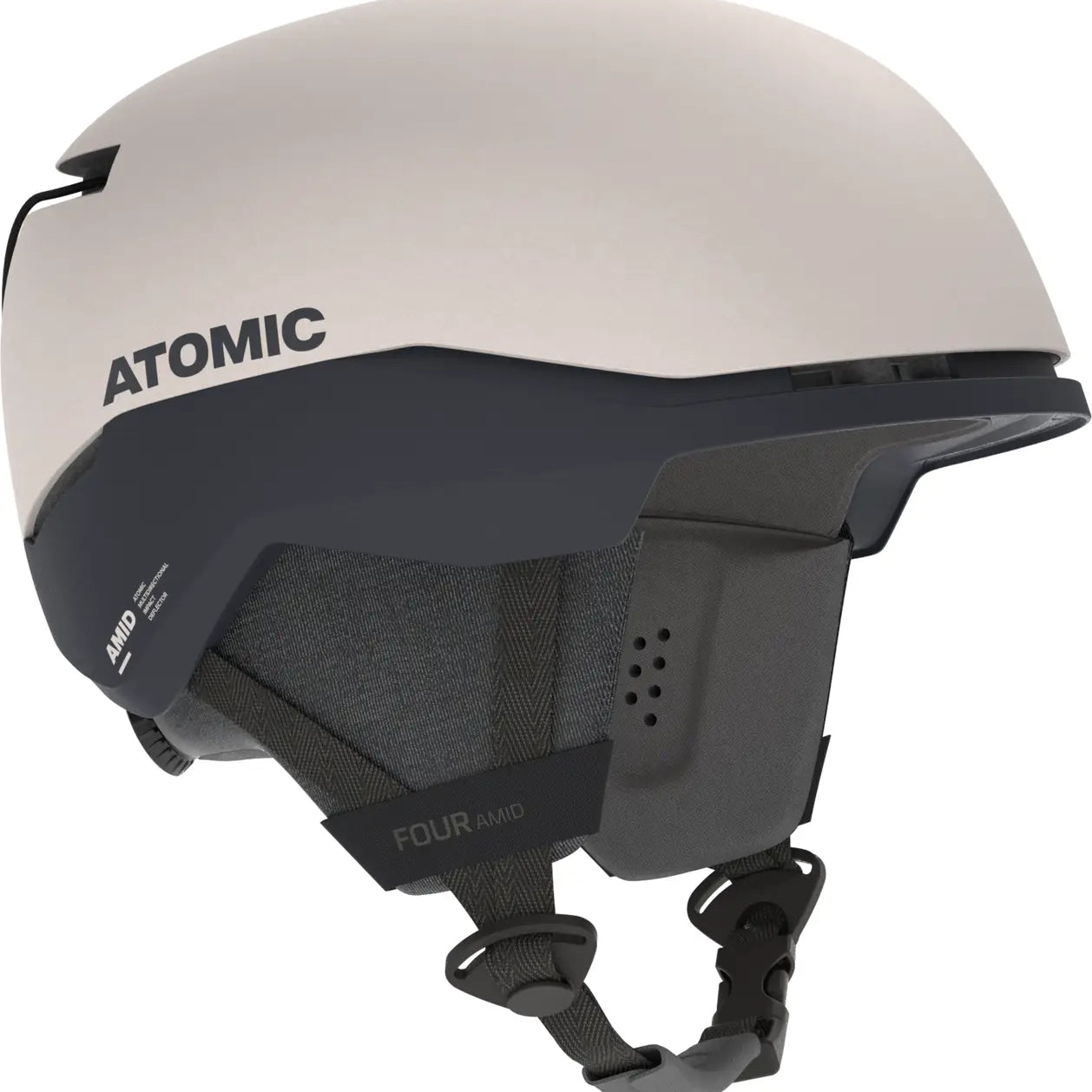 Atomic Four Amid Helmet 2025 - A white helmet with a black chin strap and a gray logo on the side.