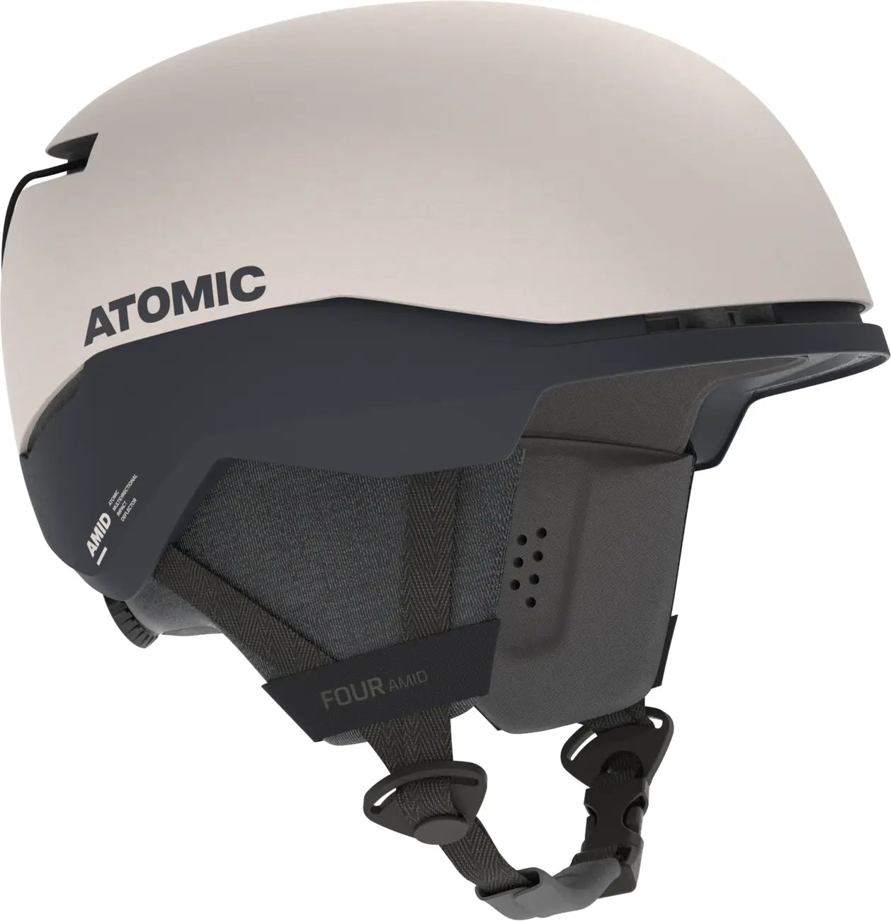 Atomic Four Amid Helmet 2025 - A white helmet with a black chin strap and a gray logo on the side.
