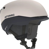 Atomic Four Amid Helmet 2025 - A white helmet with a black chin strap and a gray logo on the side.
