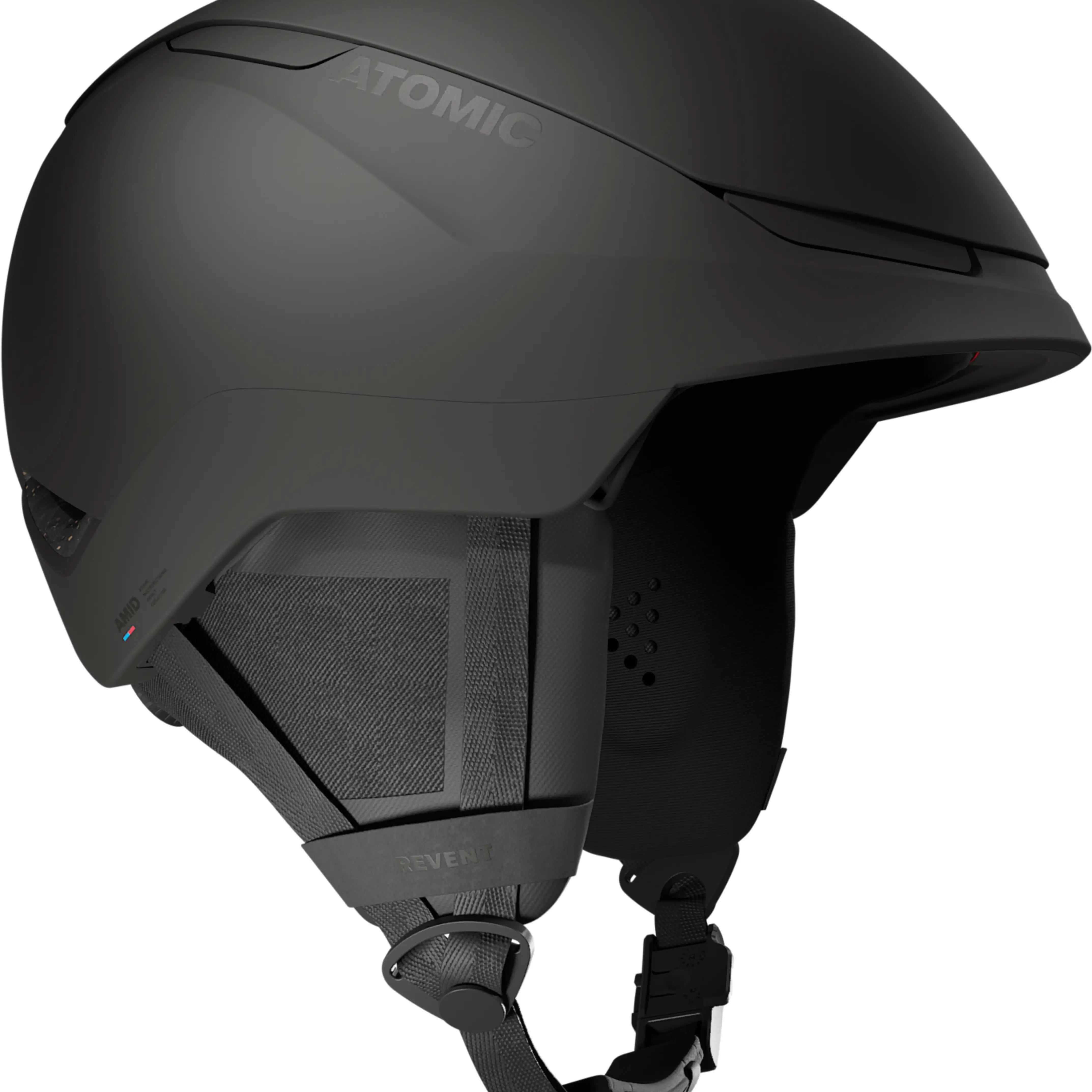 Atomic Revent GT AMID Helmet 2025 - Matte black helmet with a sleek, aerodynamic design and a subtle pattern of diagonal lines on the sides.