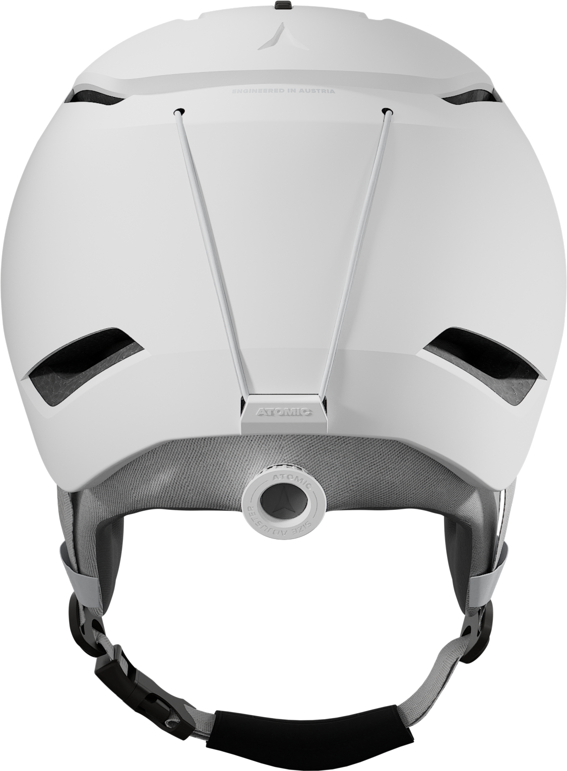Atomic Revent Lite+ Helmet 2026 - A white helmet with a black chin strap and ventilation holes on top.