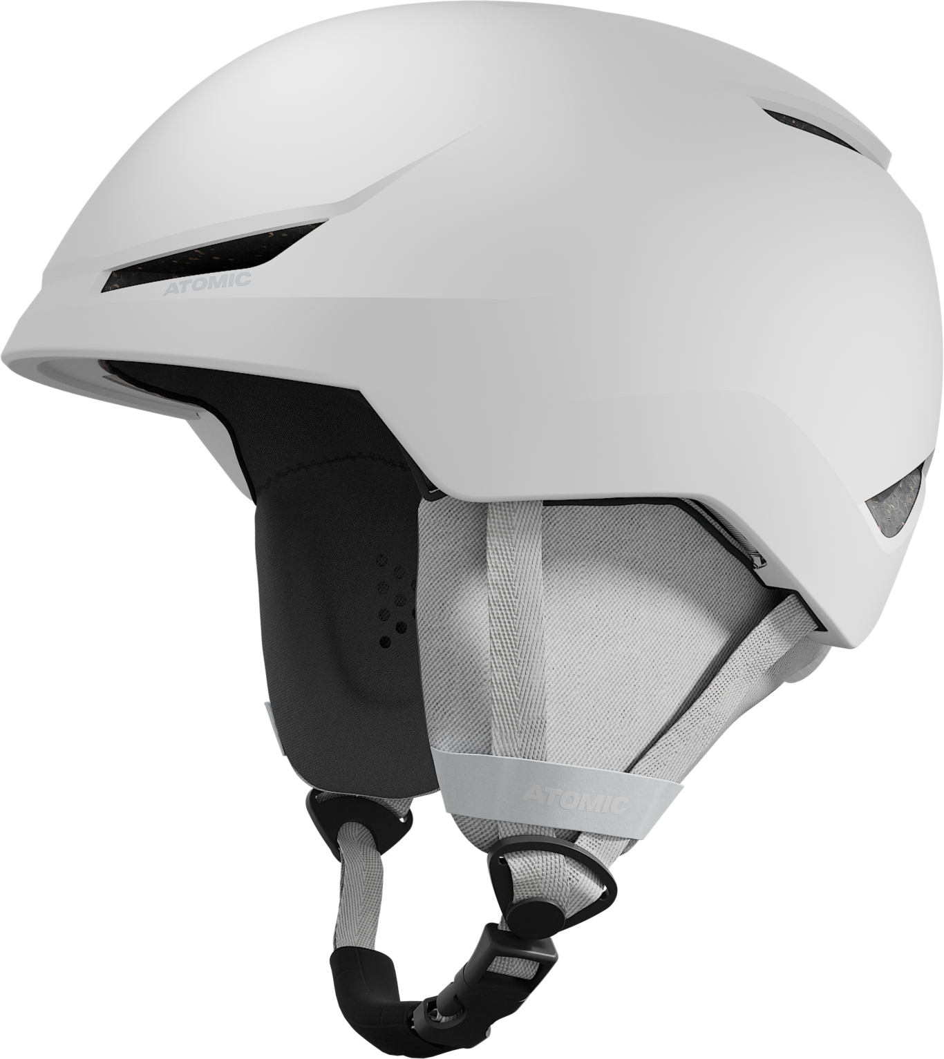 Atomic Revent Lite+ Helmet 2026 - A white helmet with a black visor and chin strap, featuring ventilation holes on top.