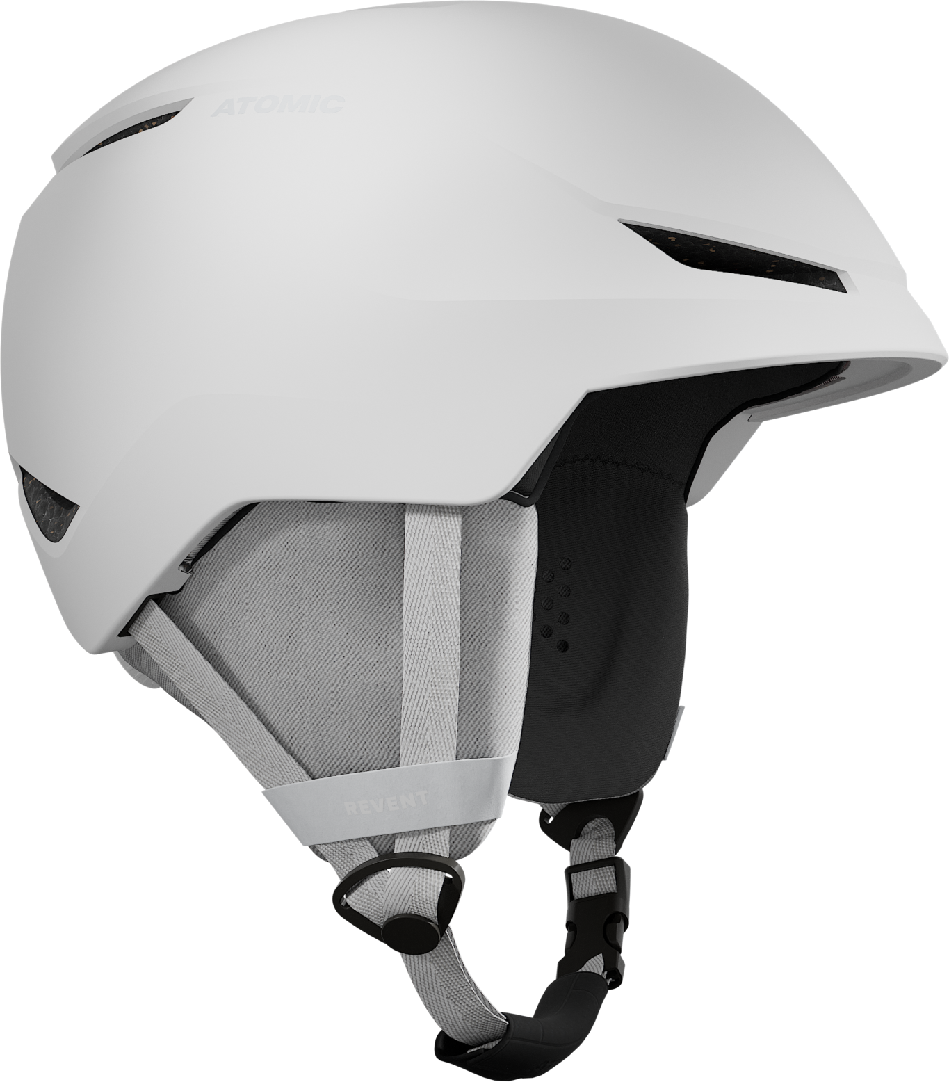 Atomic Revent Lite+ Helmet 2026 - A white helmet with a black chin strap and ventilation holes on top.