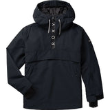 Roxy Women's Shelter Insulated Jacket 2025 - A black jacket with a hood, featuring white lettering on the front and back.