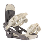 Arbor Women's Acacia Bindings - A pair of snowboard bindings with a dark gray base and cream-colored buckles, straps, and highback.