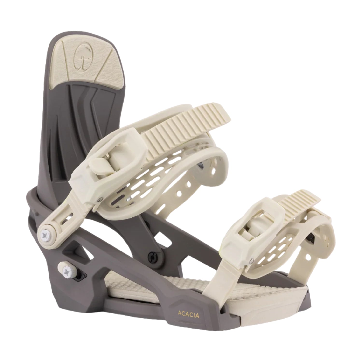 Arbor Women's Acacia Bindings - A pair of snowboard bindings with a dark gray base and cream-colored buckles, straps, and highback.