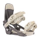 Arbor Women's Acacia Bindings - A pair of snowboard bindings with a dark gray base and cream-colored buckles, straps, and highback.