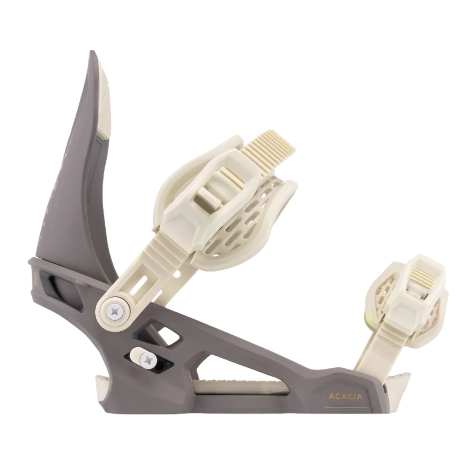 Arbor Women's Acacia Bindings - A pair of snowboard bindings with a gray base and cream-colored buckles, straps, and screws.