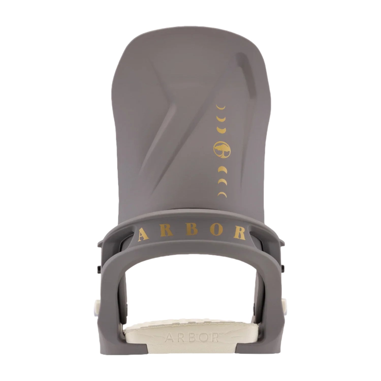 Arbor Women's Acacia Bindings - A gray binding with a white base and gold lettering, featuring a logo on the top strap.